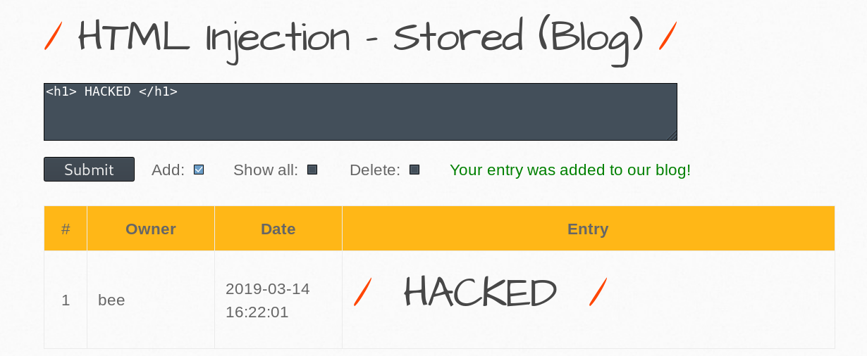 HTML Injection - Stored (Blog)